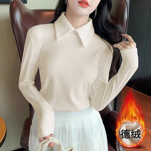 Polo Collar Fleece Warm Long Sleeve Base <b>Layer</b> <b>Top</b> Women Autumn Winter Innerwear Solid Color Stand Collar Off White Black - Product Image 1