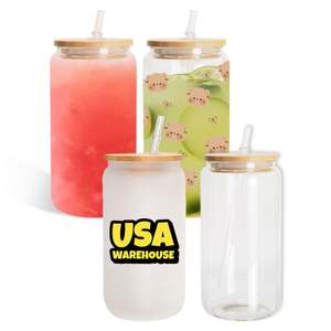 Mug en verre dépoli transparent pour sublimation 16oz, style canette de bière, avec couvercle en bambou et pailles, entrepôt USA - Product Image 1