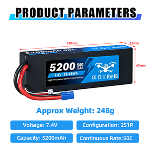 Baterai Mobil RC 7.4V 5200mAh/6500mAh/7600mAh/8000mAh 50C LiPo Hard Case Pack dengan Colokan Deans 4mm untuk Model RC 1/10 - Product Image 2