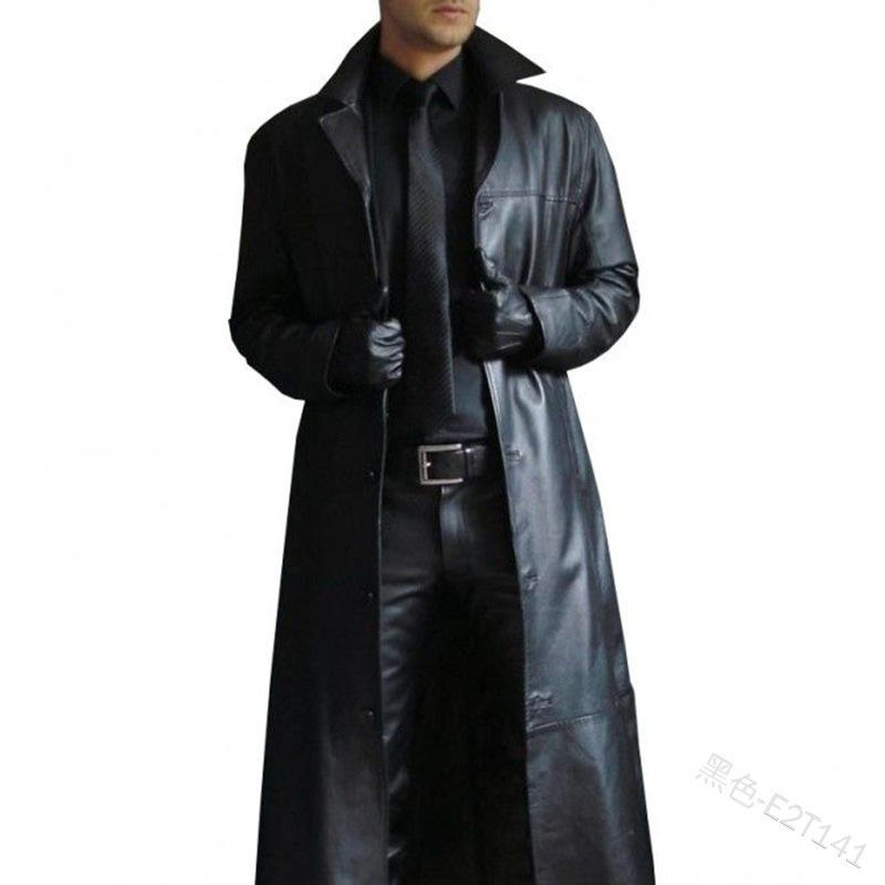 Men's Windproof Faux Leather Trench Coat with Pockets OEM