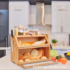 Boîte à pain en bois et bambou avec porte-couteaux pour comptoir de cuisine, organiseur de pain et d'aliments - Product Image 1