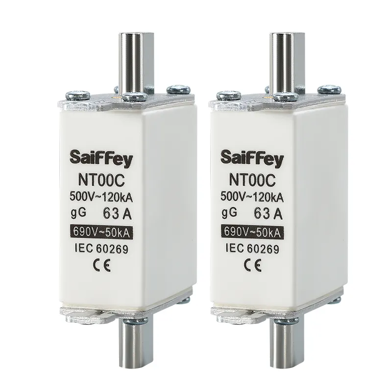 Saiffey Nt00c 63a Ac 500/690V Gg Mes Type Zekering Link En Basis Vierkant Snelwerkende Koperen Cartridge Zekering