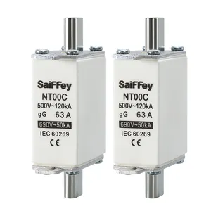 Saiffey NT00C 63A AC 500/690V gG Knife Type Fuse Link and Base Square Fast-acting Copper Cartridge Fuse