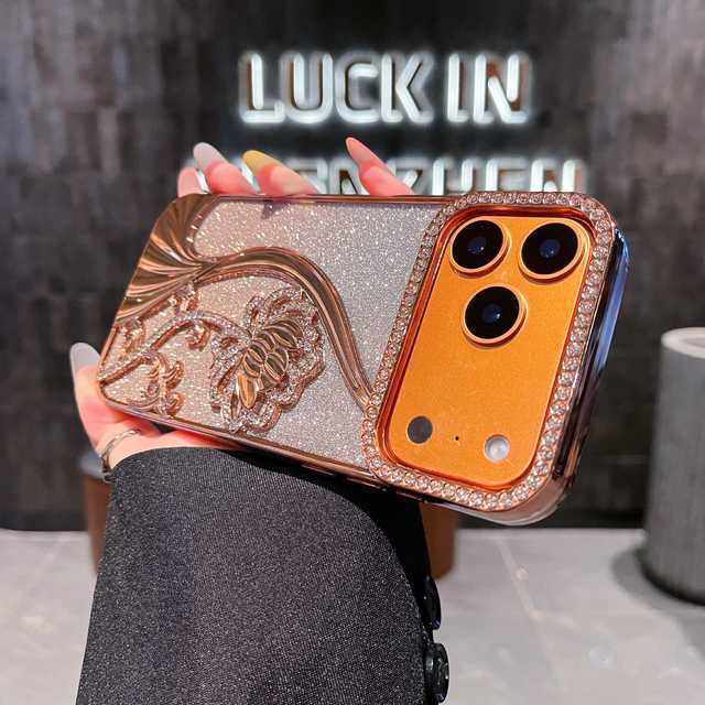 Luxury Gradient Glitter With Diamond Flower Pattern Phone case for iphone 17 Air 16 15 14 13 12 Pro Max Shockproof Rear Cover