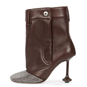 Strange Custom Heels Women's Button Short Boots Square Toe Diamonds Patchwork Ankle Booties Stage Designer Wide Top <b>Shoes</b> - Product Image 1