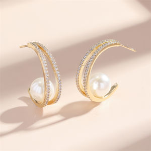 Pendientes de Moda RAKOL EP2838 Chapados en Oro de 18k con Perlas Naturales, Pendientes de Aro con Perlas, Venta al por Mayor de Fábrica Personalizada - Product Image 1