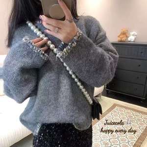 Pullover da <span class=keywords><strong>Donna</strong></span> Casual a Tinta Unita Maglione Lavorato a <span class=keywords><strong>Maglia</strong></span> Grigio con Paillettes Lussuoso Stile Francese Invernale 6119# - Product Image 2