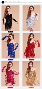 Abito da ballo latino con paillettes stampate e nappe, senza spalline, per donna, costume da palcoscenico, per competizioni e performance, in Spandex/Poliestere - Product Image 6