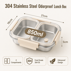 Leakproof Stainless Steel Lunch Box 850ml Double Compartment Food <b>Container</b> with <b>Plastic</b> <b>Lid</b> for Office School - Product Image 4