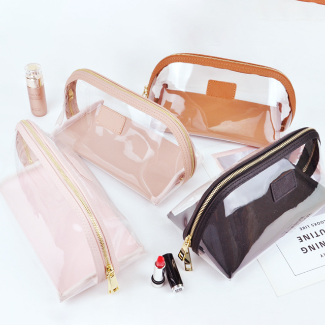 Clear Soft TPU Makeup Bag with PU Leather Trim Large Capacity Cosmetic Pouch Sweet Makeup Pouch for Girls