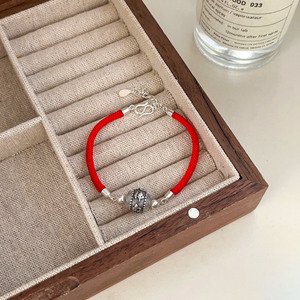 S925 Sterling Silver Fortune Character Red <b>Rope</b> <b>Bracelet</b> For Women Everyday Wear Antique Finish - Product Image 2