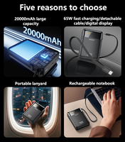 Yesido 20000mAh PD65W Pengisian Cepat Layar Digital Dengan Kabel Tipe-C Panjang 40cm Power Bank Isi Ulang Notebook YP97