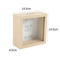 Expédition rapide Tirelire en verre transparent carré de couleur unie avec cadre en bois profond pour économiser de l'argent