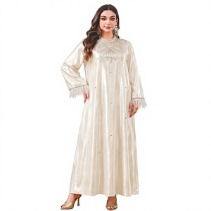 Elegant <b>Rhinestone</b> Embellished Loose Fit Abaya <b>Dress</b> Ivory Long Sleeve Ankle Length Evening <b>Dress</b> for Muslim Women - Product Image 2