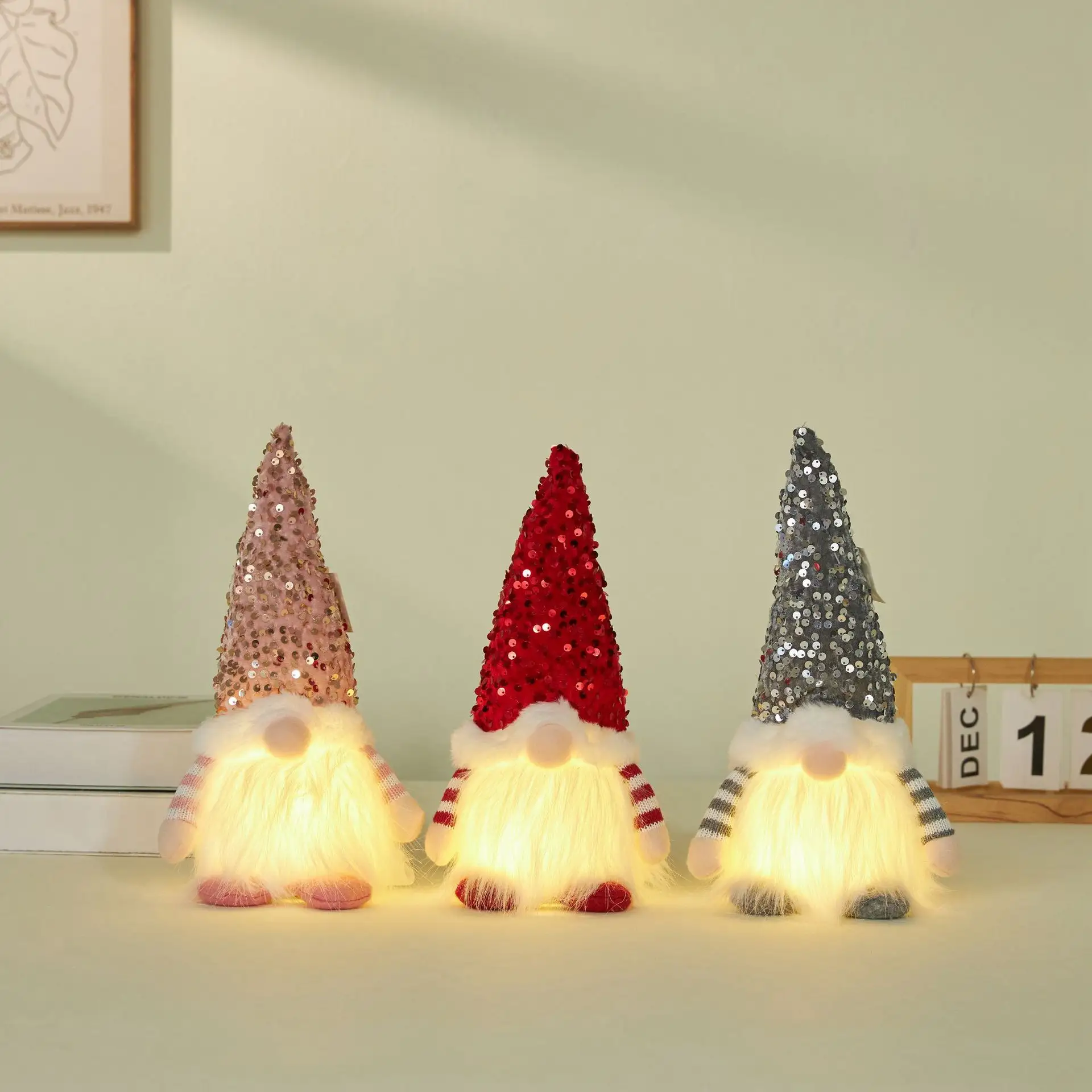 Alta qualidade rudolph lantejoulas natal luminosos ornamentos faceless natal boneca noite luz