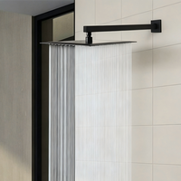 Bras de douche mural carré moderne en acier inoxydable 304 noir mat de 12 pouces avec extension à bride, fonction pluie à sortie unique, haute performance
