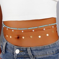 Chaîne de taille en métal plaqué or avec sequins, cordon turquoise et perles de riz, bijou de corps multicouche pour fêtes à la plage