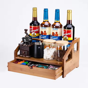 Bamboo Coffee And Wine <b>Rack</b> 3 Tier Desktop Organizer With Drawer For Kitchen <b>Drink</b> Storage - Product Image 1