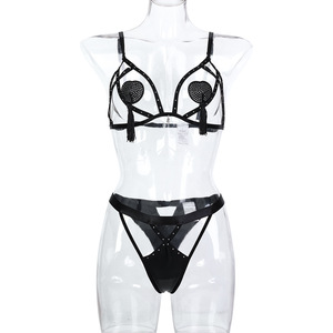 <b>Sexy</b> Rhinestone Strap Body 2PCS Lingerie <b>Set</b> Factory Sale Hollow Out Bra and Panty <b>Set</b> With Nipple Cover - Product Image 5