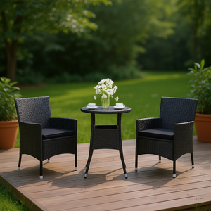 Ensemble bistrot de jardin en polyrotin noir avec coussins, mobilier d'extérieur pour 2 personnes, design moderne - Product Image 2