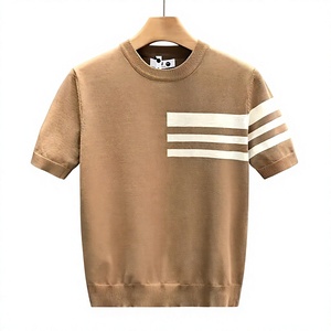 T-shirt en tricot à manches courtes pour homme, couleur kaki, col rond, bordure contrastée rayée, coupe décontractée - Product Image 5