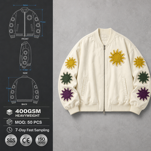 เสื้อแจ็คเก็ตบอมเบอร์ผ้าฝ้ายสีครีมสำหรับผู้ชาย พร้อมลายปักรูปดวงอาทิตย์ แบบซิป ทรงปกติ สวมใส่สบายๆ สำหรับฤดูใบไม้ผลิ - Product Image 1
