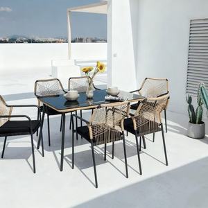 Dwoo hiện đại 6 chỗ ngồi dệt mây Patio ăn uống đặt ngoài trời Vườn không thấm nước 7 mảnh Nhà hàng bàn ghế Bộ - Product Image 4