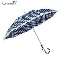 YS-1120 Parapluie droit automatique de haute qualité pour femme, 8 baleines, avec tissu à pois et volants, parapluie anti-pluie à ouverture automatique pour femme