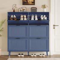 Meuble à chaussures moderne bleu à 6 tiroirs basculants, facile à assembler, panneau cannelé, dispositif anti-basculement, gain de place pour salon