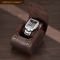 Kotak Jam Tangan Kulit Asli Mini untuk 1 Jam Tangan Tunggal dengan Bantal Terpisah, Organizer Jam Tangan Portabel Kecil untuk Perjalanan Pria