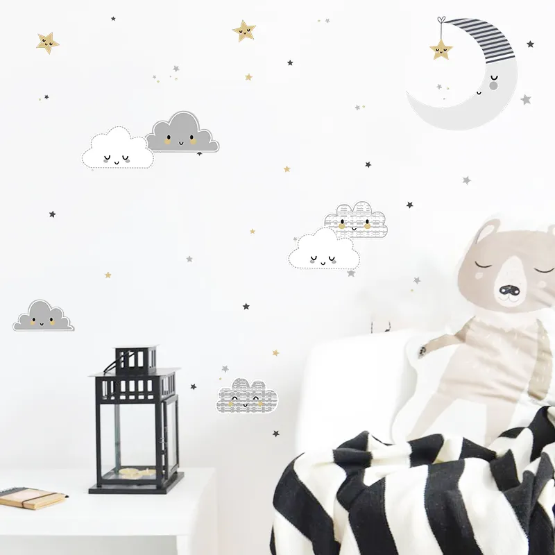 Moon stars clouds wall stickers, children's room nursery home cartoon decoration Peel and Stick Cartoon Vinyl Wall Decor