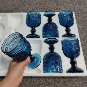 Verres à vin bleus, gobelets, ensemble de verrerie vintage colorée, tasses à tige motif tournesol pour mariages, fêtes, bars et restaurants - Product Image 2