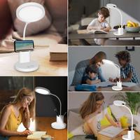 Lampe de bureau LED à col de cygne avec commande tactile, moderne, en ABS, 3 modes de couleur, intensité variable en continu, flexible à 360°, support pour stylo et téléphone