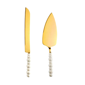 Ensemble couteau et spatule à gâteau dorés avec poignées en perles, 2 pièces, outils à gâteau en métal antiadhésifs, forme triangulaire, lavage à la main uniquement - Product Image 2
