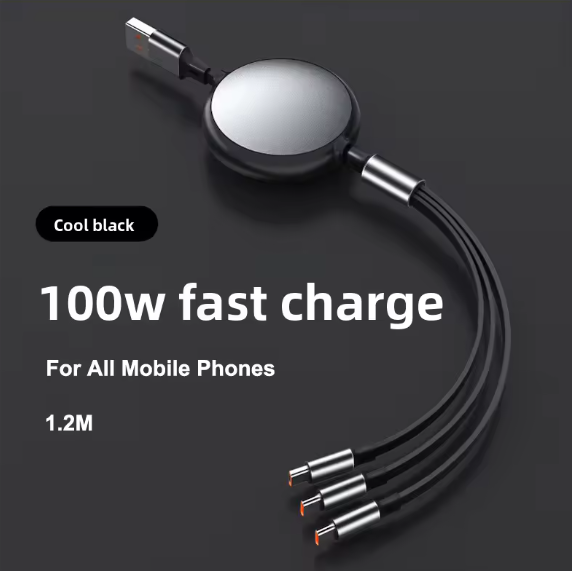 100W Super Fast Charging Retractable Cable 3 in 1 USB Cable 1.2m Length 6A Charging Mobile Phones Data Cable