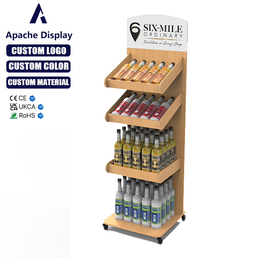 Apache Custom Modern 4-Tier for Floor Standing Beverage Display Stand Portable Rolling Wooden Bottle Rack Liquor Wine Retail — view 4