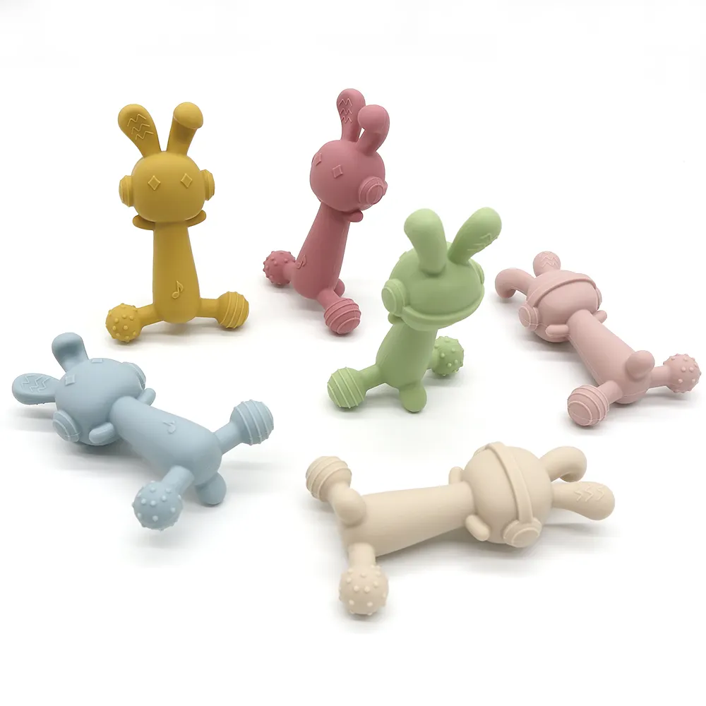 Atacado Personalizado 3D Crianças Mordedor Mastigável Sensorial Autismo Dentição Brinquedos Cartoon Soft Bunny Animal Bebê Mordedor Silicone