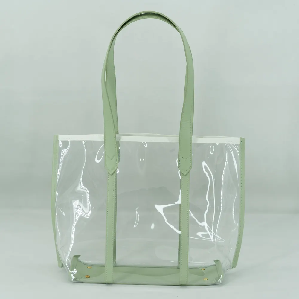 Waterproof Spacious Stylish Leather Handle Tote Bag Transparent Clear PVC Shopping Bag For Beach Summer Fun