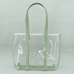 Waterproof Spacious Stylish Leather Handle Tote Bag Transparent Clear PVC Shopping Bag for Beach Summer Fun