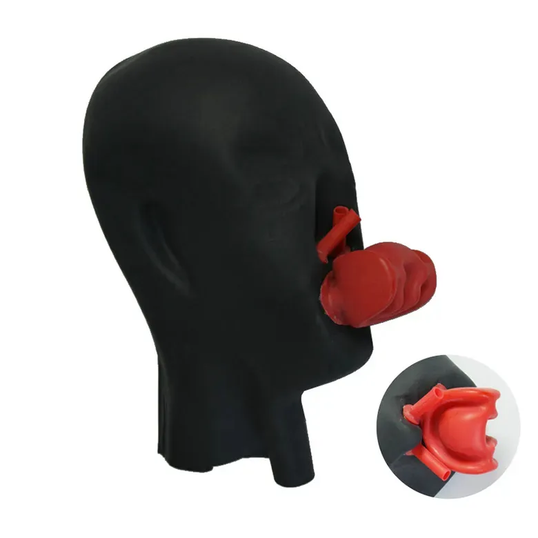 หมวกยาง3D ของมนุษย์พร้อมปากสีแดงชุดท่อจมูกลิ้นของเล่นทางเพศหมวกคลุมศีรษะหน้ากากยางทาสซาดิสม์ทาสทาสทาสซาดิสม์