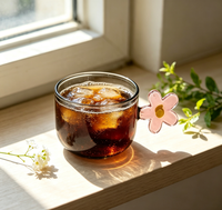 Mug Kaca Tahan Panas WUSO Abu-abu Smoky Transparan Cangkir Kopi Gagang Bunga 3D Pink Peralatan Minum Teh untuk Rumah Kafe