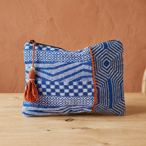 Handmade Blue Geometric Pattern Clutch <b>Bag</b> With Tassel Bohemian Style <b>Fabric</b> Storage Pouch Rectangle Shape - Product Image 3
