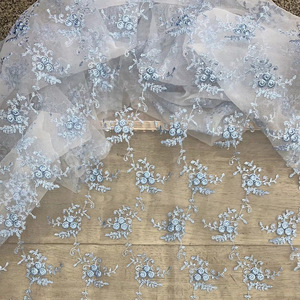Bebé azul tela bordada tul tela plana bordado flor tela encaje francés para niñas vestido de encaje - Product Image 1