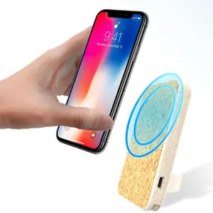 Biodegradable Wooden magnetic Power Bank 5000mah with build in charging cable and mobile stand
