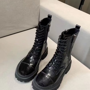 Black glossy leather thick-soled Martin <b>boots</b> with laces with leather straps for motorcycle wear women's mid-calf <b>boots</b> - Product Image 3