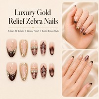 H005-18 Kaixin Grosir Kuku Palsu Pendek Bentuk Almond Warna Nude Pink Coklat French Tip Motif Foil Emas Zebra Print Bunga Mengkilap