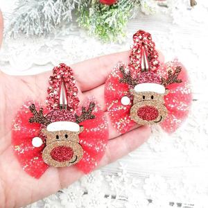 Nouveauté 2026 : Lot de 2 pinces à cheveux pour enfants en tissu pailleté motif dessin animé, faites à la main, motif cerf de Noël, accessoires pour cheveux de filles - Product Image 2