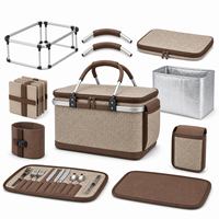 Panier de pique-nique isotherme beige tressé pliable avec poignée en aluminium pour les courses et les rassemblements en plein air