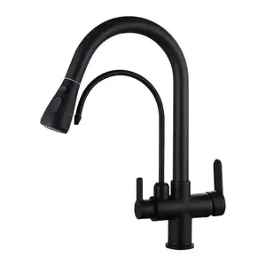Hot Black Brass Kitchen Sink Faucet Drop Down Double Handle 3-in-1 Water Filter Mixer 360 Rotary Hot And Cold Mixing Faucets