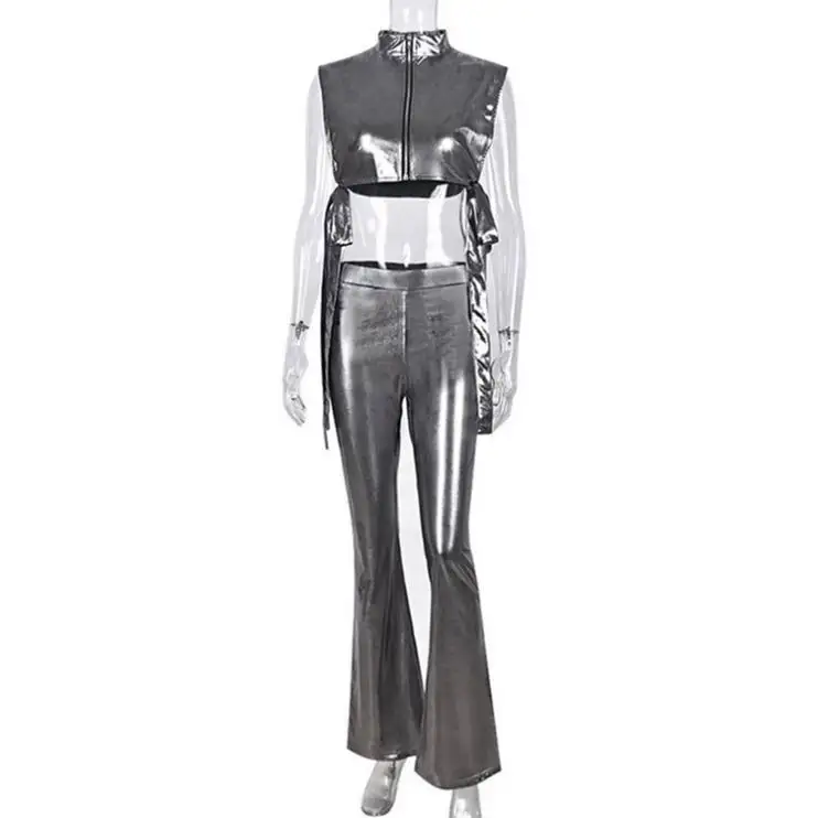 Damen Silber zweiteiliges Set elastisches Leder Seitenschnüre Weste Oberteil + hohe Taille Slim Flare-Hose